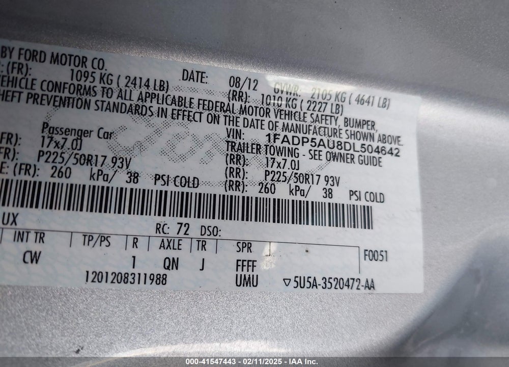 2013 FORD C-MAX HYBRID VIN: 1FADP5AU8DL504642