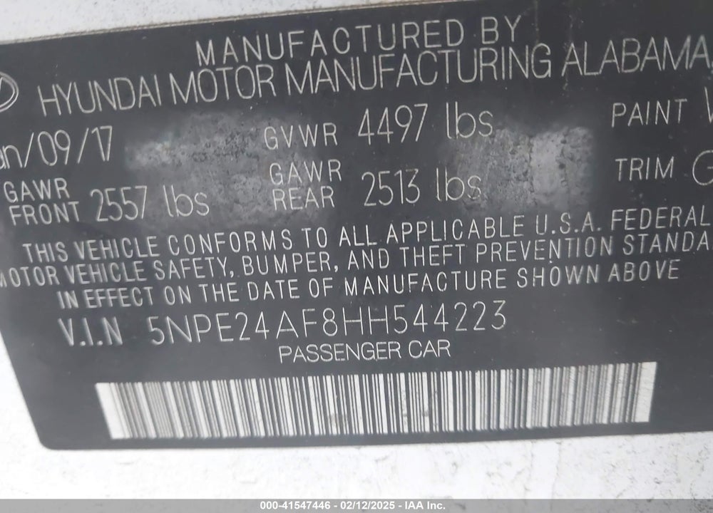 2017 HYUNDAI SONATA VIN: 5NPE24AF8HH544223