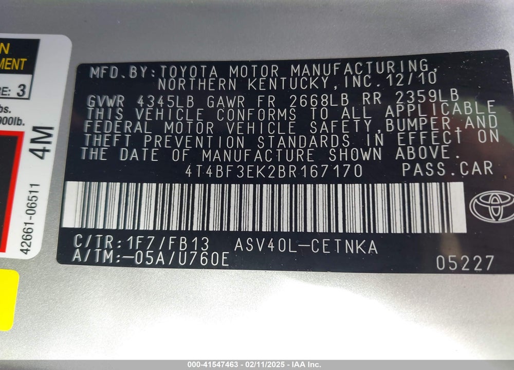 2011 TOYOTA CAMRY LE VIN: 4T4BF3EK2BR167170