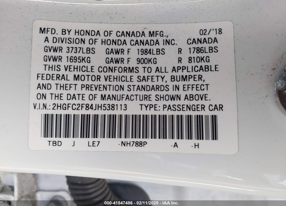 2018 HONDA CIVIC VIN: 2HGFC2F84JH538113