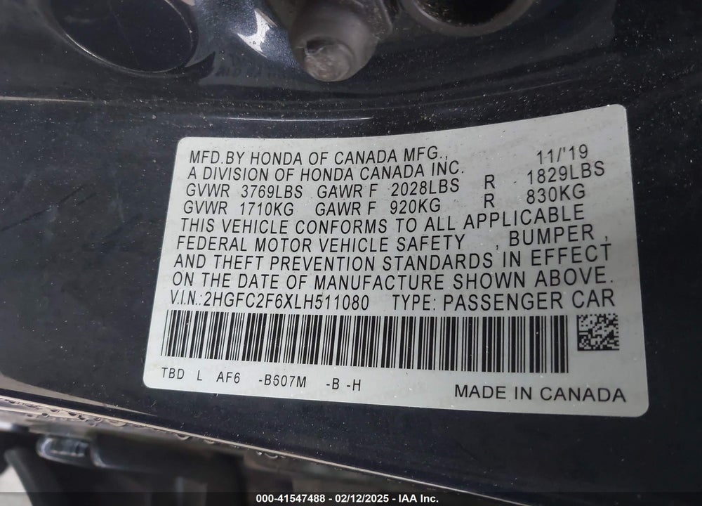 2020 HONDA CIVIC VIN: 2HGFC2F6XLH511080