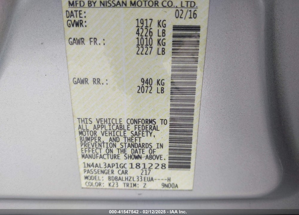 2016 NISSAN ALTIMA VIN: 1N4AL3AP1GC181228
