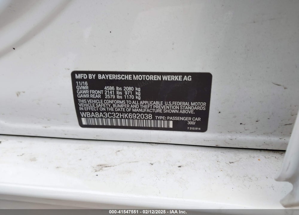 2017 BMW 320I XDRIVE VIN: WBA8A3C32HK692038