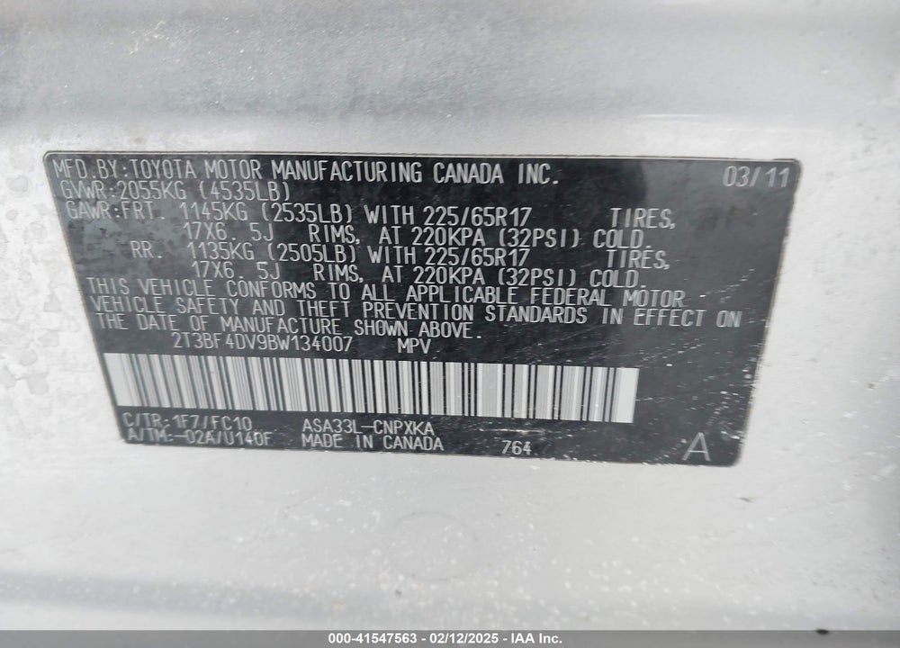 2011 TOYOTA RAV4 VIN: 2T3BF4DV9BW134007