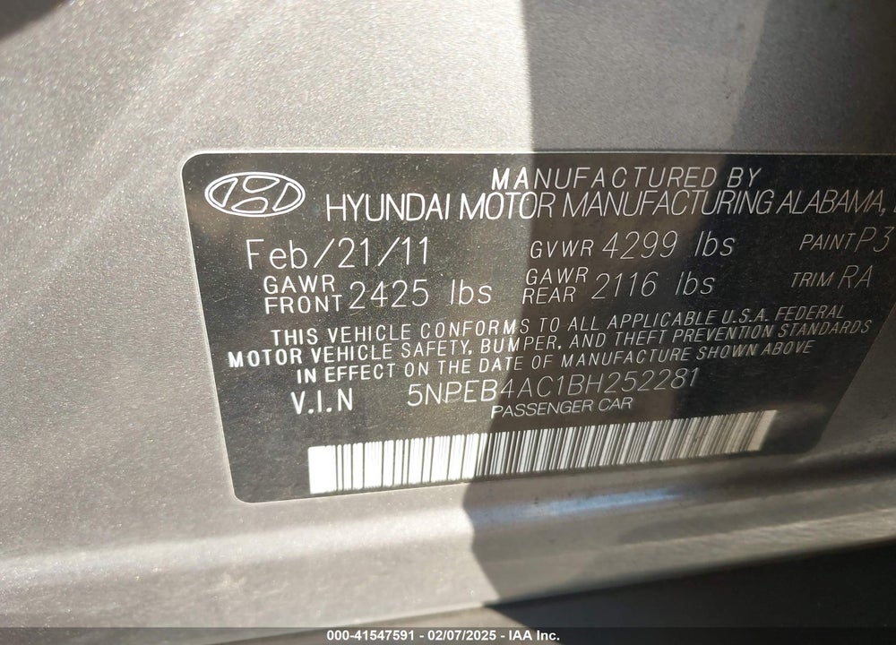 2011 HYUNDAI SONATA VIN: 5NPEB4AC1BH252281
