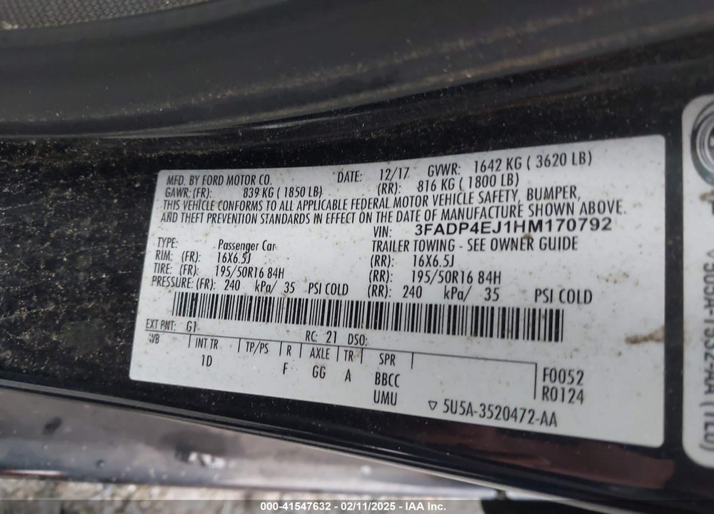 2017 FORD FIESTA SE VIN: 3FADP4EJ1HM170792