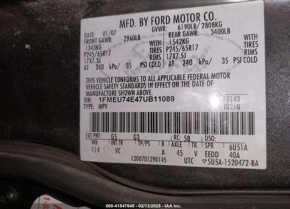 2007 FORD EXPLORER EDDIE BAUER VIN: 1FMEU74E47UB11089