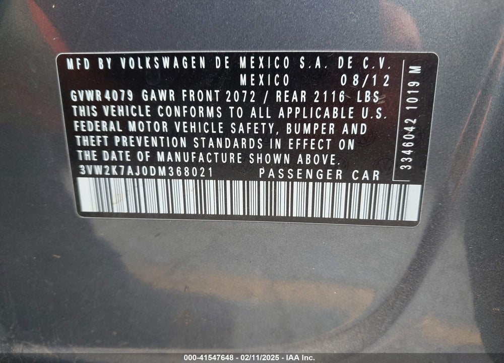 2013 VOLKSWAGEN JETTA VIN: 3VW2K7AJ0DM368021