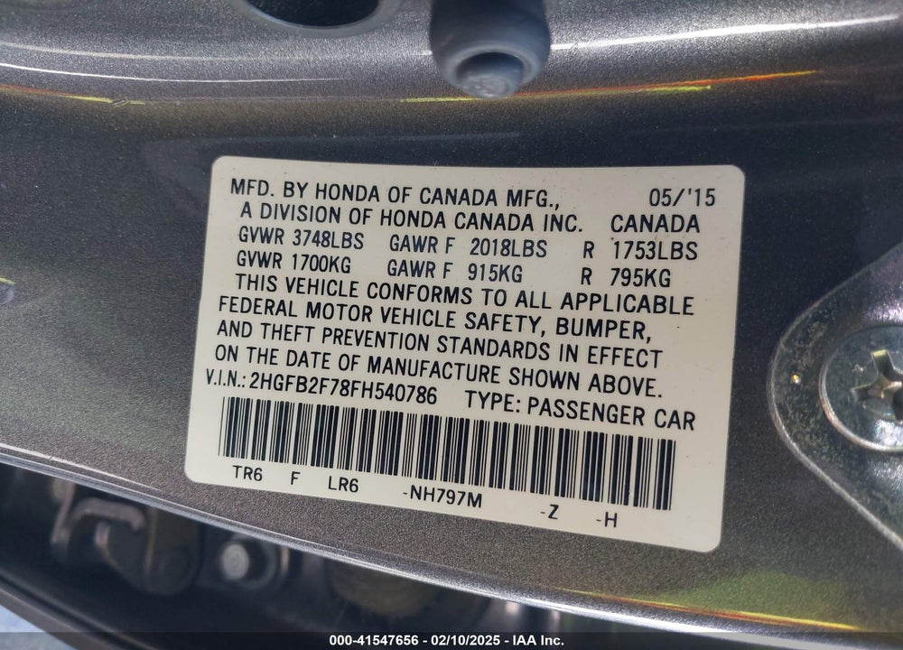 2015 HONDA CIVIC SE VIN: 2HGFB2F78FH540786