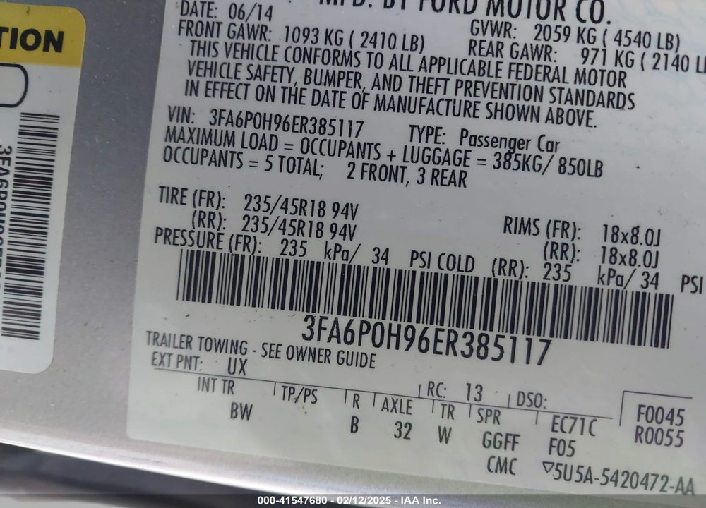 2014 FORD FUSION VIN: 3FA6P0H96ER385117