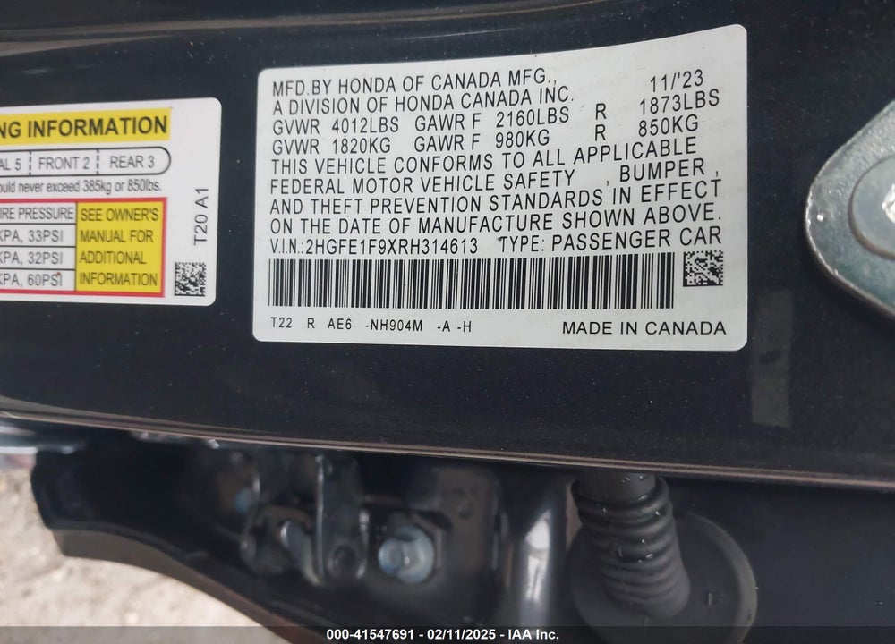 2024 HONDA CIVIC VIN: 2HGFE1F9XRH314613