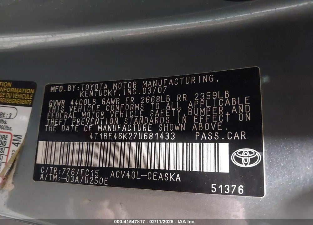 2007 TOYOTA CAMRY VIN: 4T1BE46K27U681433