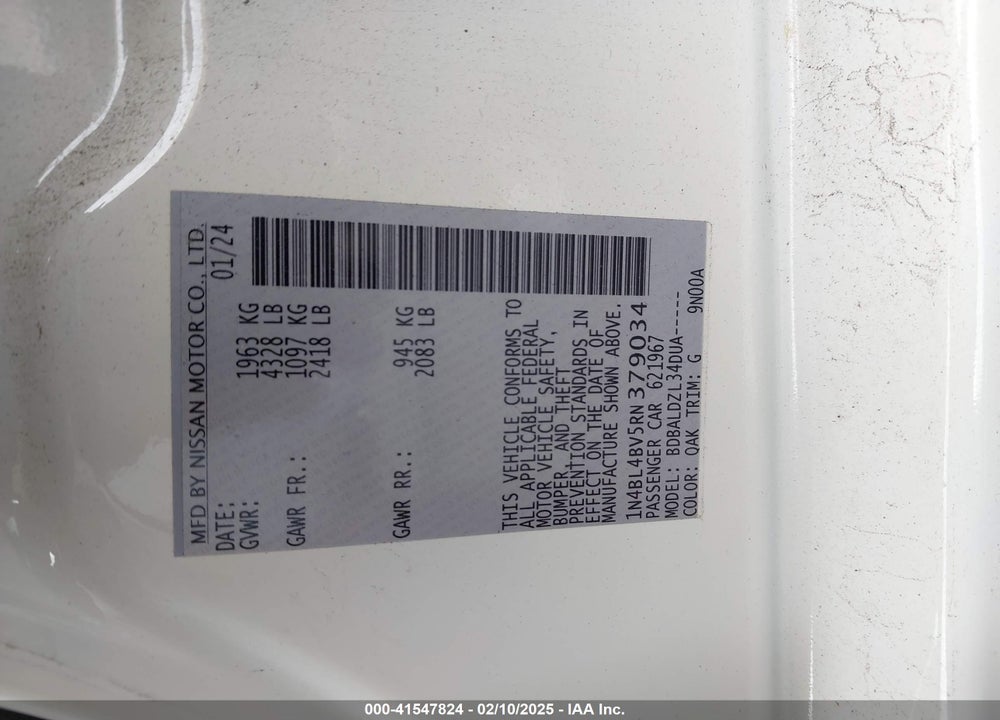 2024 NISSAN ALTIMA S FWD VIN: 1N4BL4BV5RN379034
