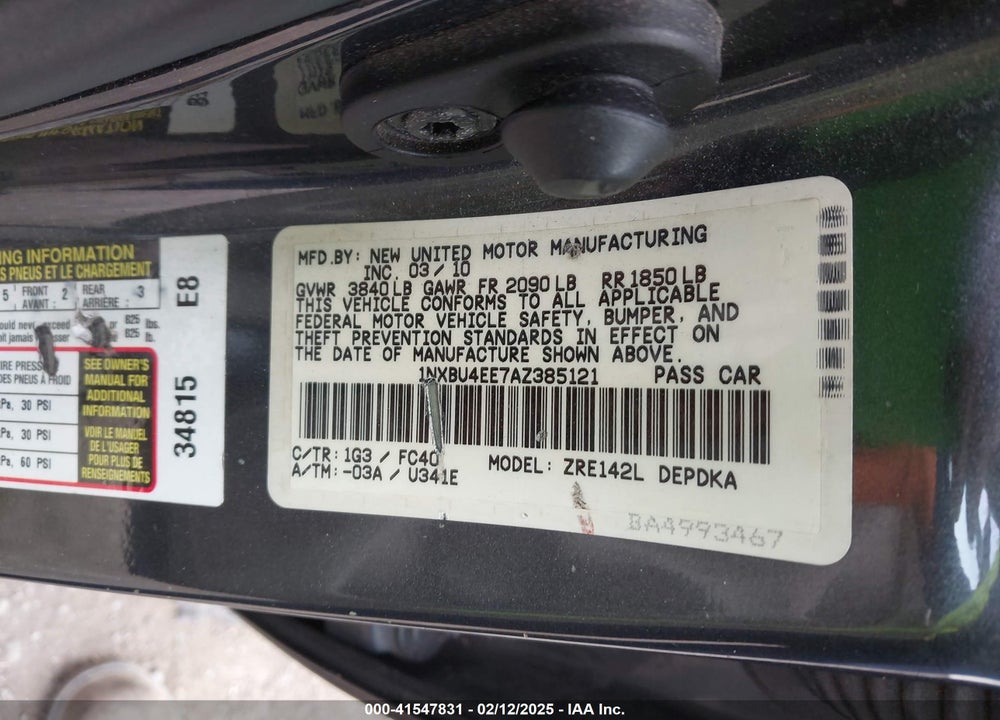 2010 TOYOTA COROLLA VIN: 1NXBU4EE7AZ385121