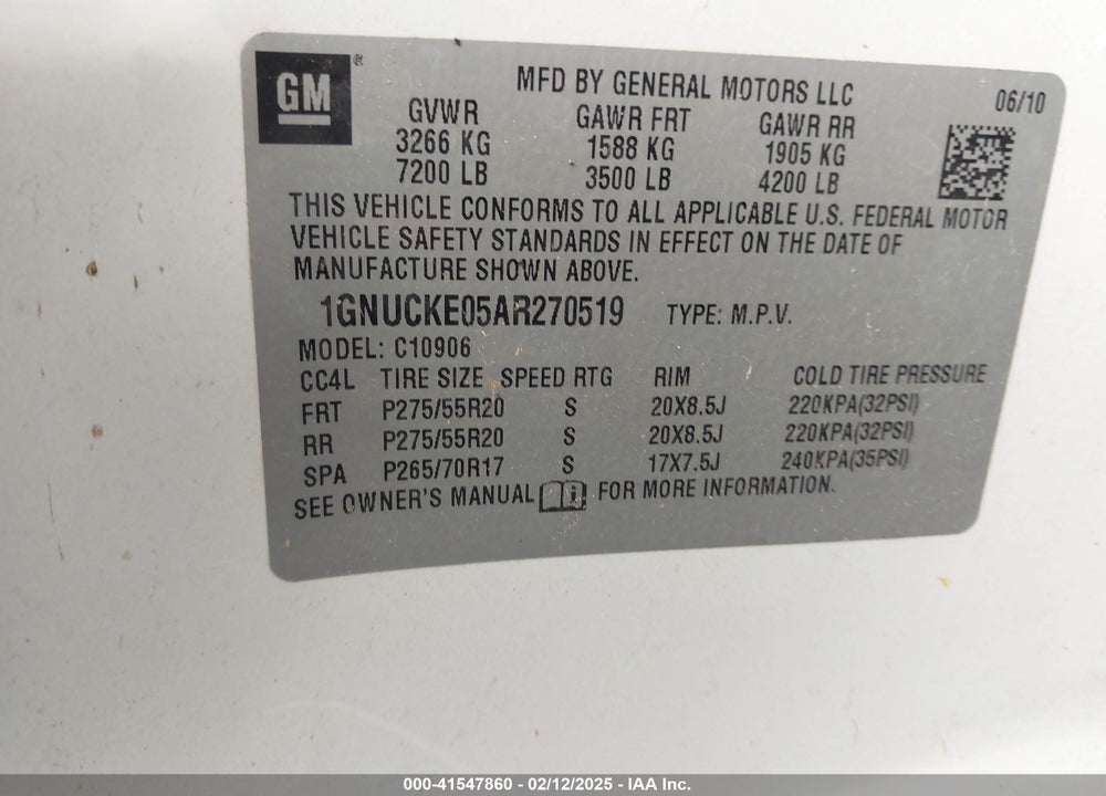 2010 CHEVROLET SUBURBAN 1500 LTZ VIN: 1GNUCKE05AR270519