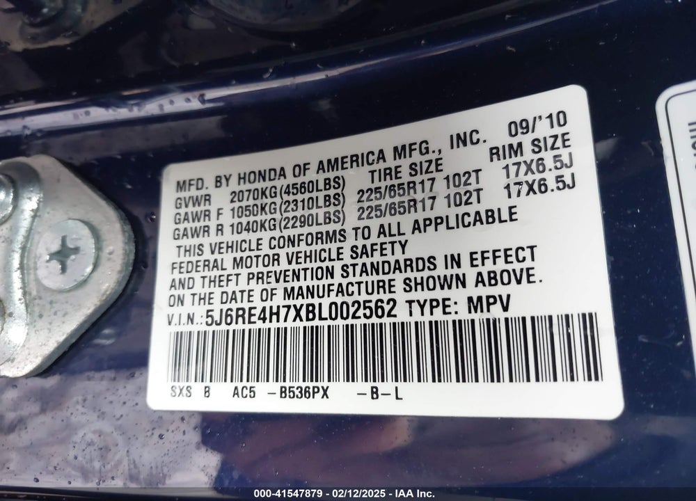 2011 HONDA CR-V VIN: 5J6RE4H7XBL002562