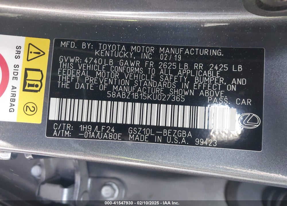 2019 LEXUS ES 350 VIN: 58ABZ1B15KU027365