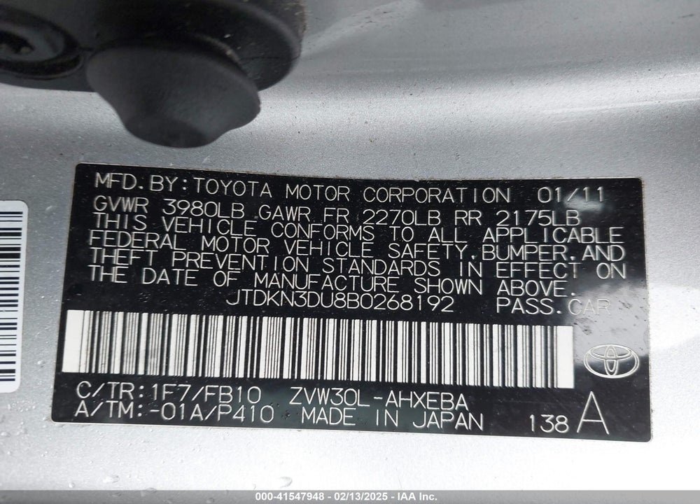 2011 TOYOTA PRIUS VIN: JTDKN3DU8B0268192