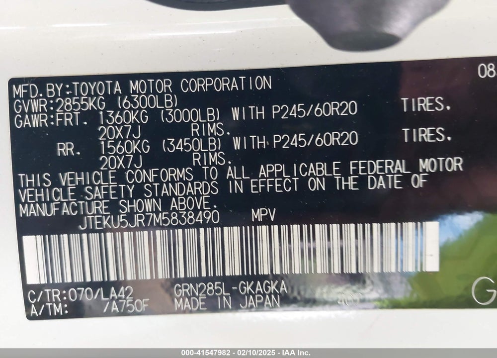 2021 TOYOTA 4RUNNER VIN: JTEKU5JR7M5838490