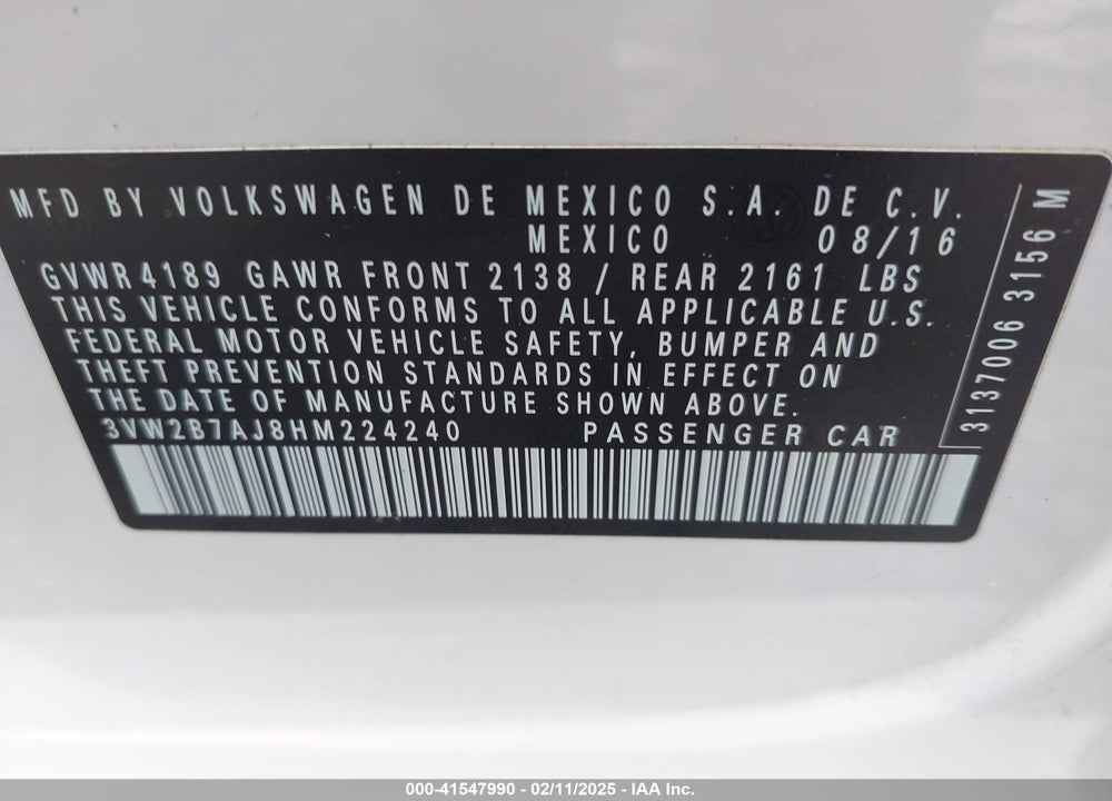 2017 VOLKSWAGEN JETTA VIN: 3VW2B7AJ8HM224240