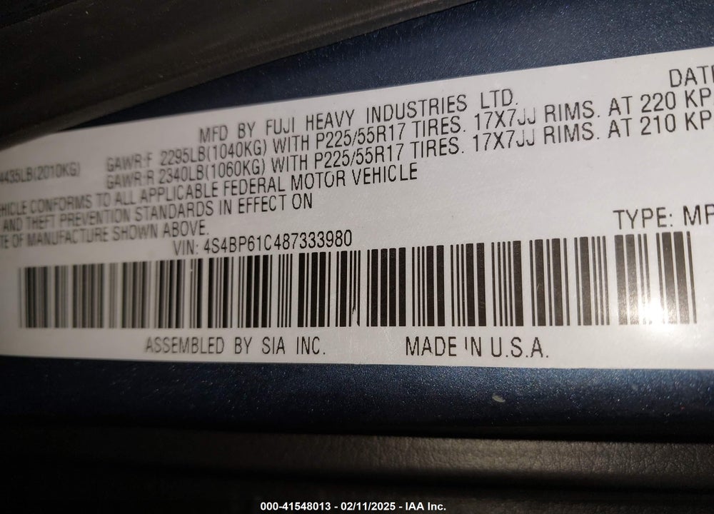 2008 SUBARU OUTBACK 2.5I/2.5I L.L. BEAN EDITION VIN: 4S4BP61C487333980