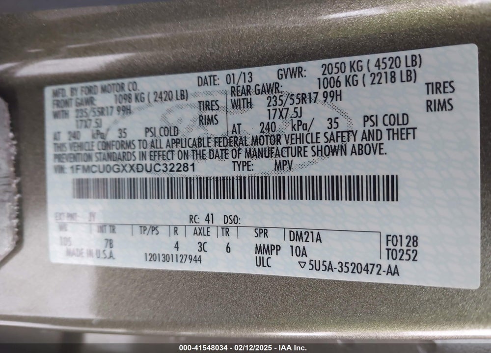 2013 FORD ESCAPE VIN: 1FMCU0GXXDUC32281
