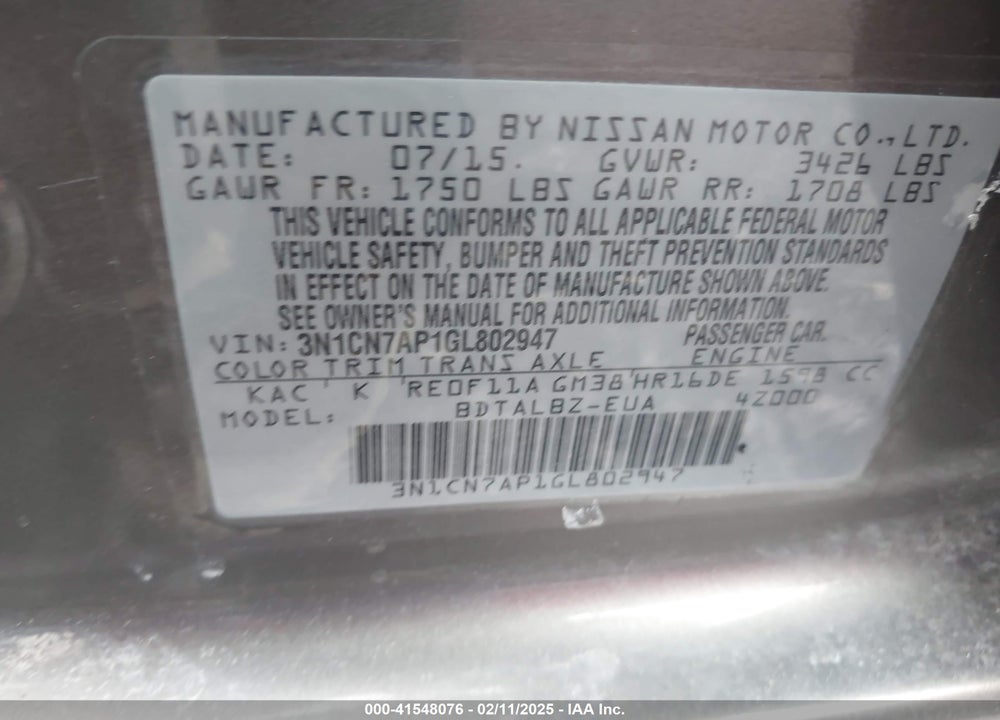 2016 NISSAN VERSA VIN: 3N1CN7AP1GL802947