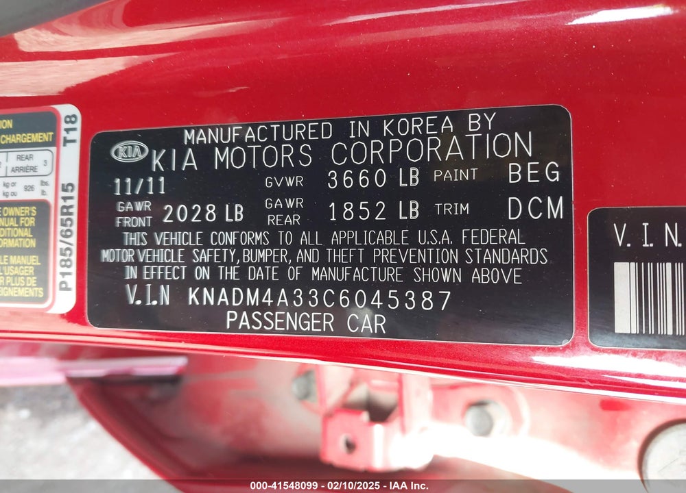 2012 KIA RIO VIN: KNADM4A33C6045387