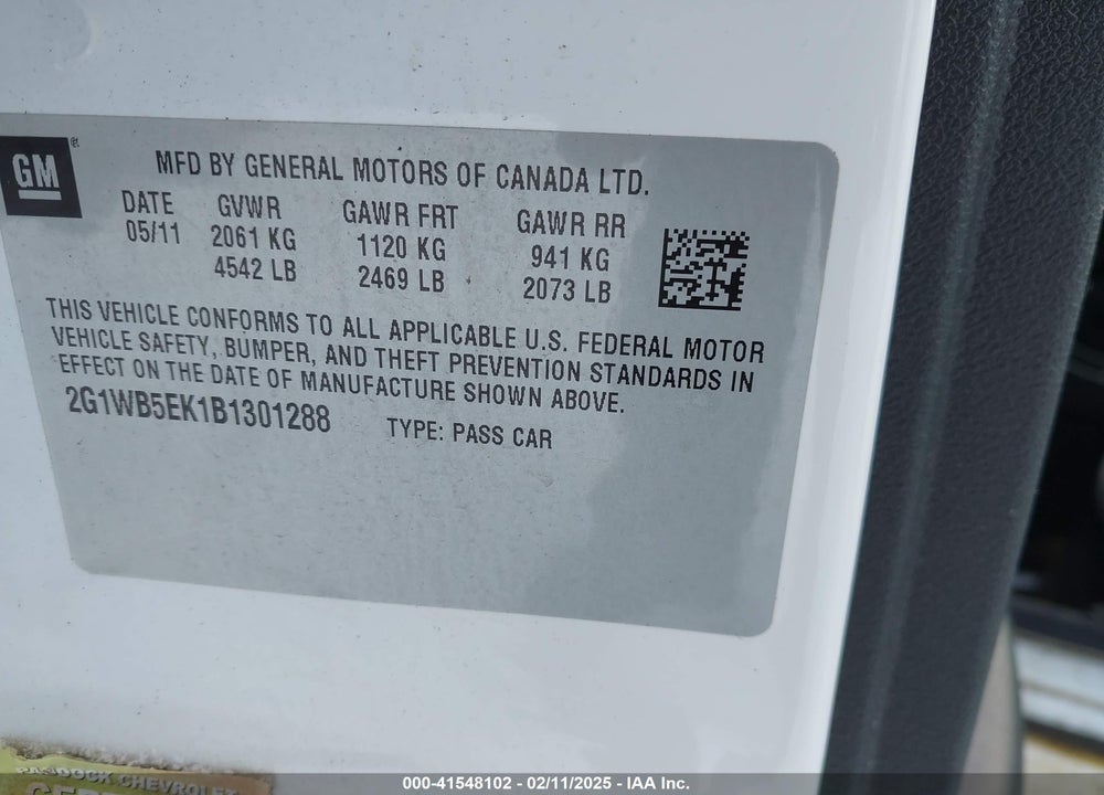 2011 CHEVROLET IMPALA VIN: 2G1WB5EK1B1301288