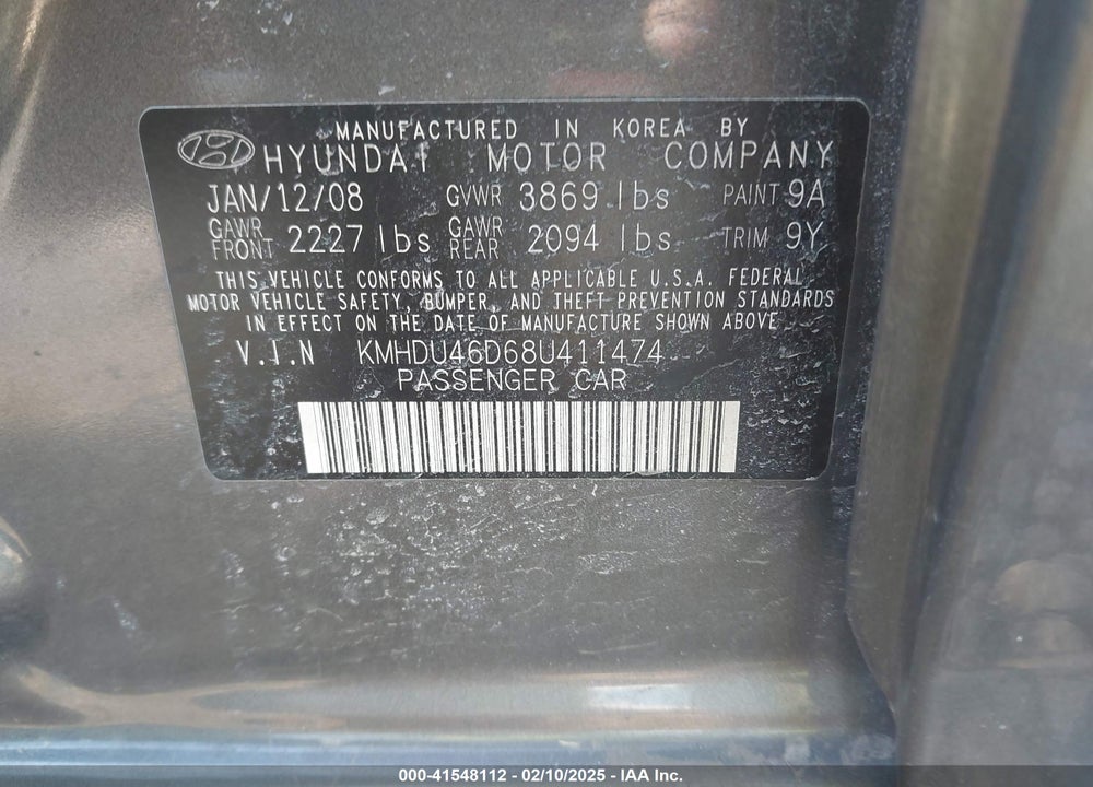 2008 HYUNDAI ELANTRA VIN: KMHDU46D68U411474