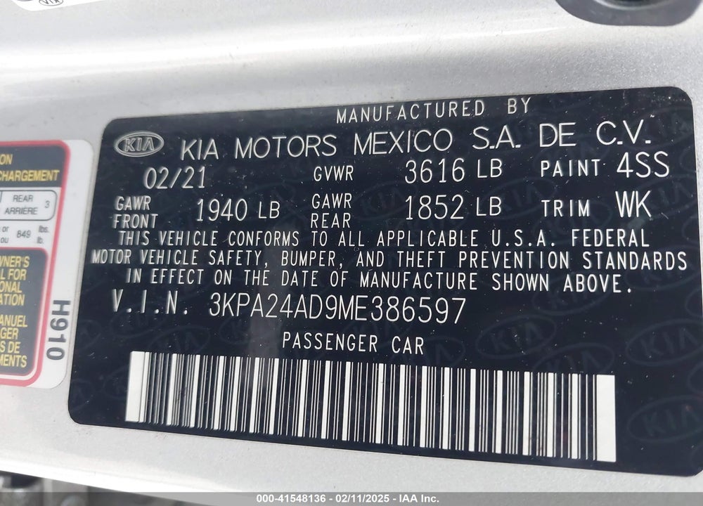 2021 KIA RIO LX VIN: 3KPA24AD9ME386597