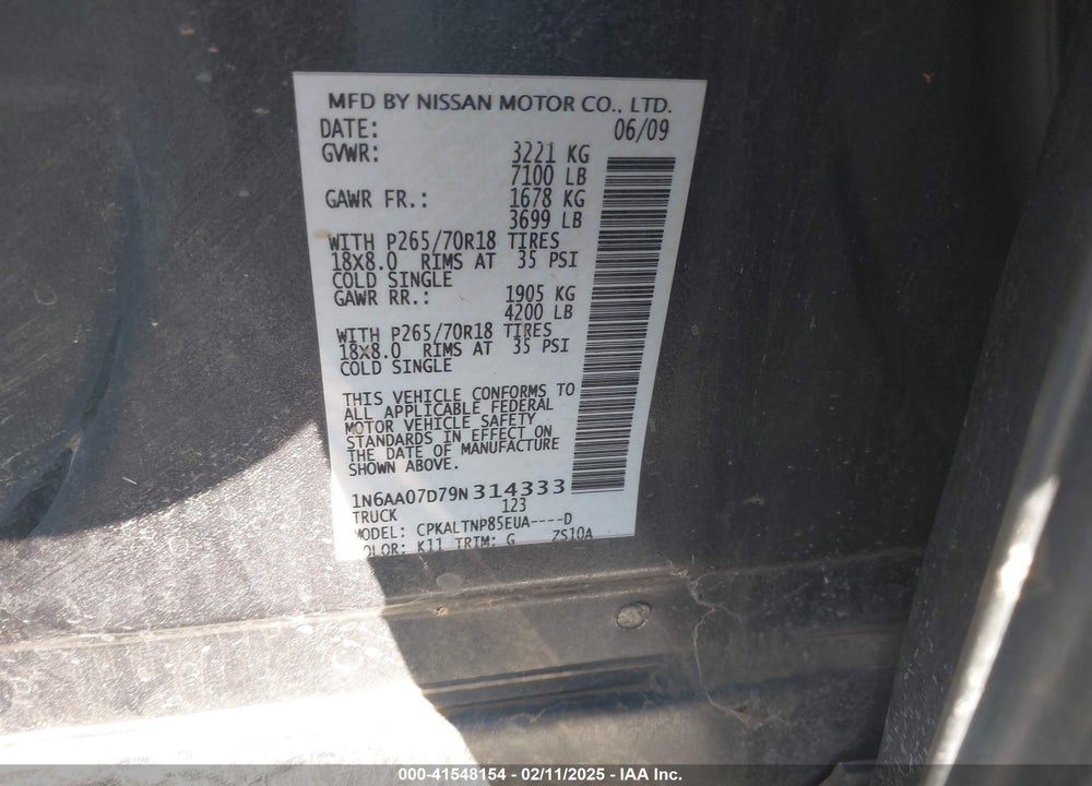 2009 NISSAN TITAN SE VIN: 1N6AA07D79N314333