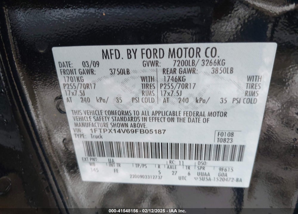 2009 FORD F-150 FX4/LARIAT/XL/XLT VIN: 1FTPX14V69FB05187