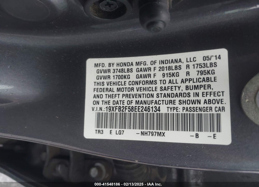 2014 HONDA CIVIC VIN: 19XFB2F58EE246134