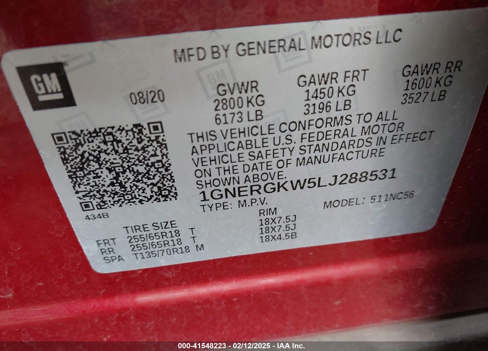 2020 CHEVROLET TRAVERSE FWD LT CLOTH VIN: 1GNERGKW5LJ288531