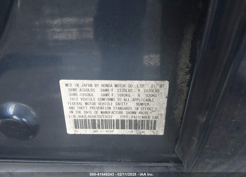 2007 ACURA TSX VIN: JH4CL969X7C013022