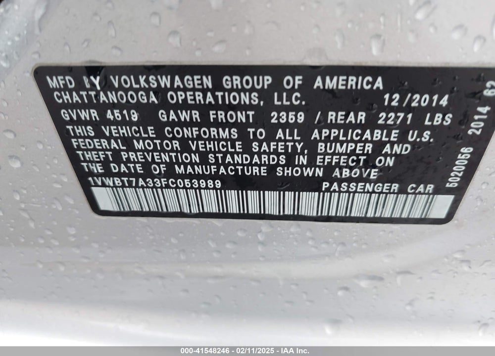 2015 VOLKSWAGEN PASSAT VIN: 1VWBT7A33FC053989
