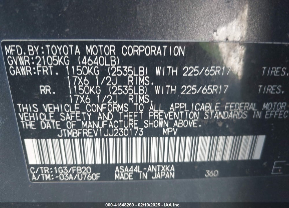 2018 TOYOTA RAV4 LE VIN: JTMBFREV1JJ230173