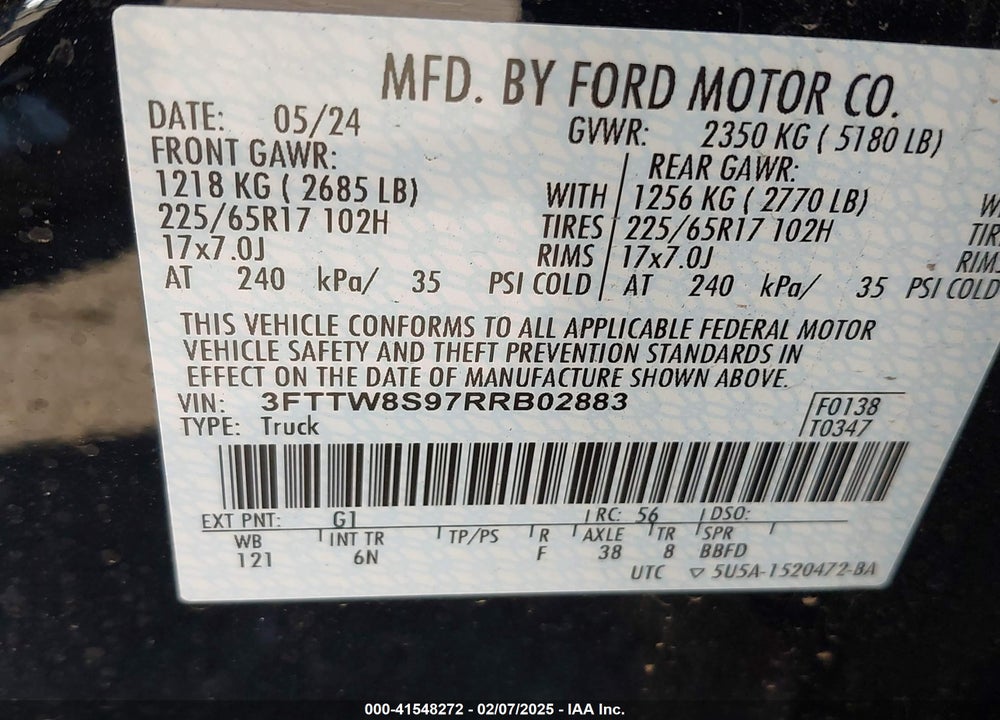 2024 FORD MAVERICK LARIAT VIN: 3FTTW8S97RRB02883