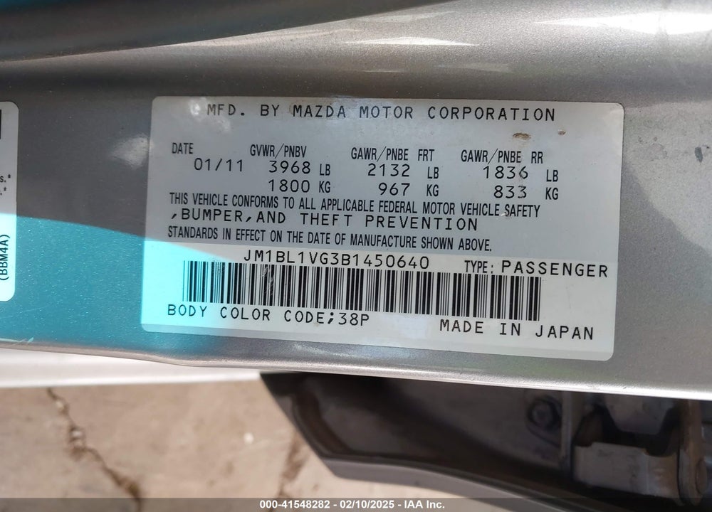 2011 MAZDA MAZDA3 VIN: JM1BL1VG3B1450640