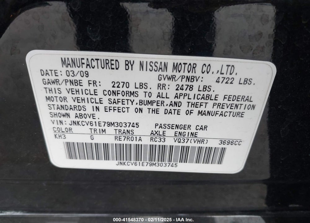 2009 INFINITI G37 VIN: JNKCV61E79M303745