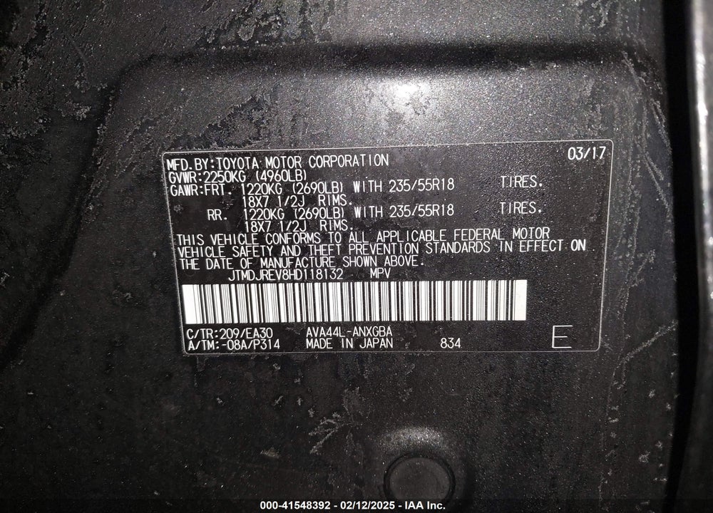 2017 TOYOTA RAV4 HV VIN: JTMDJREV8HD118132
