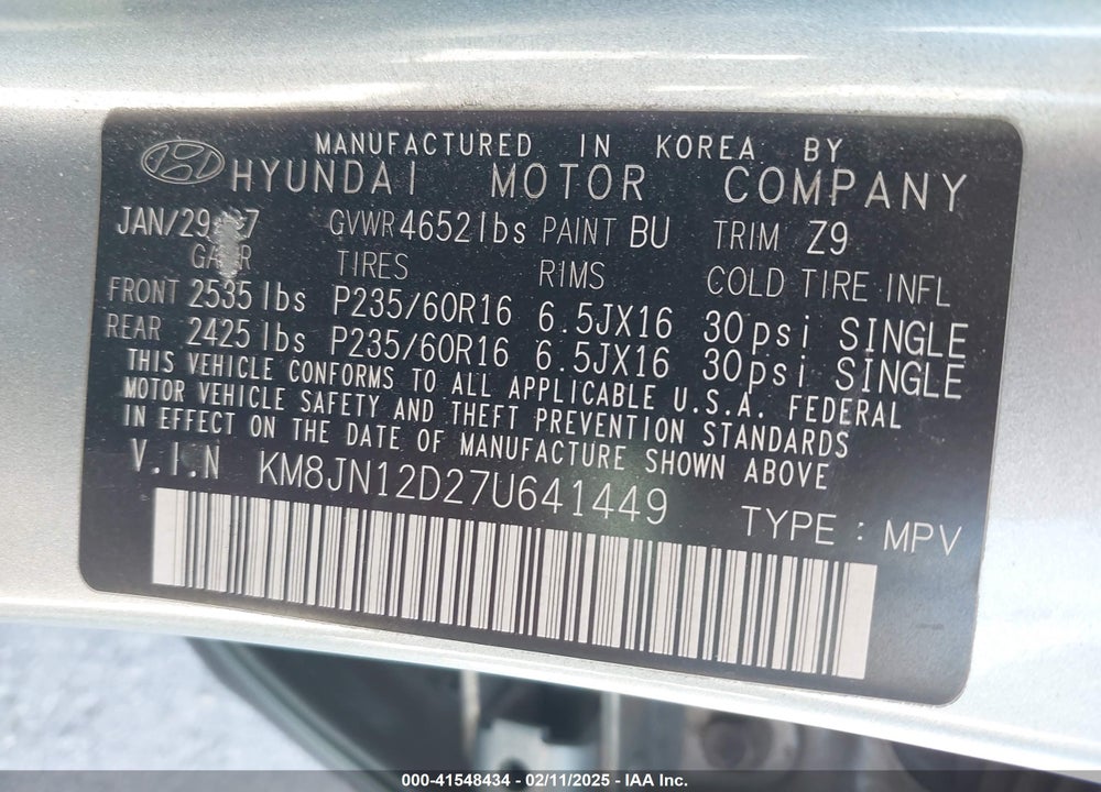 2007 HYUNDAI TUCSON LIMITED/SE VIN: KM8JN12D27U641449