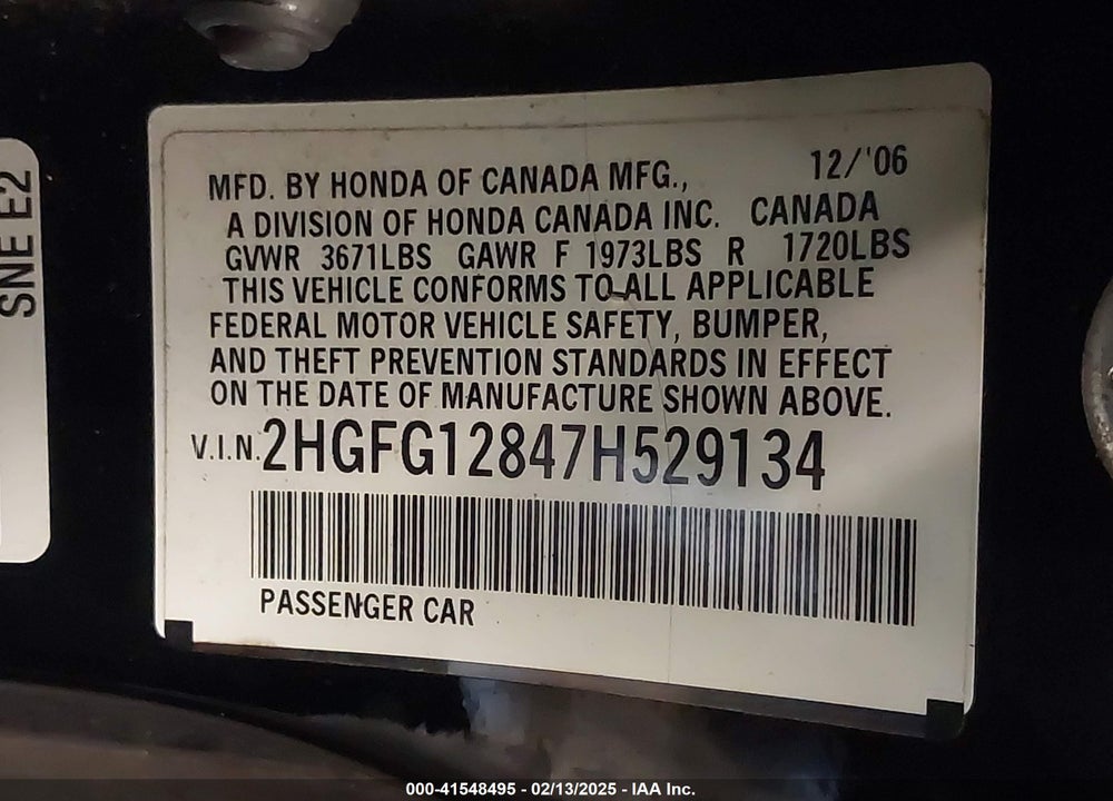 2007 HONDA CIVIC VIN: 2HGFG12847H529134