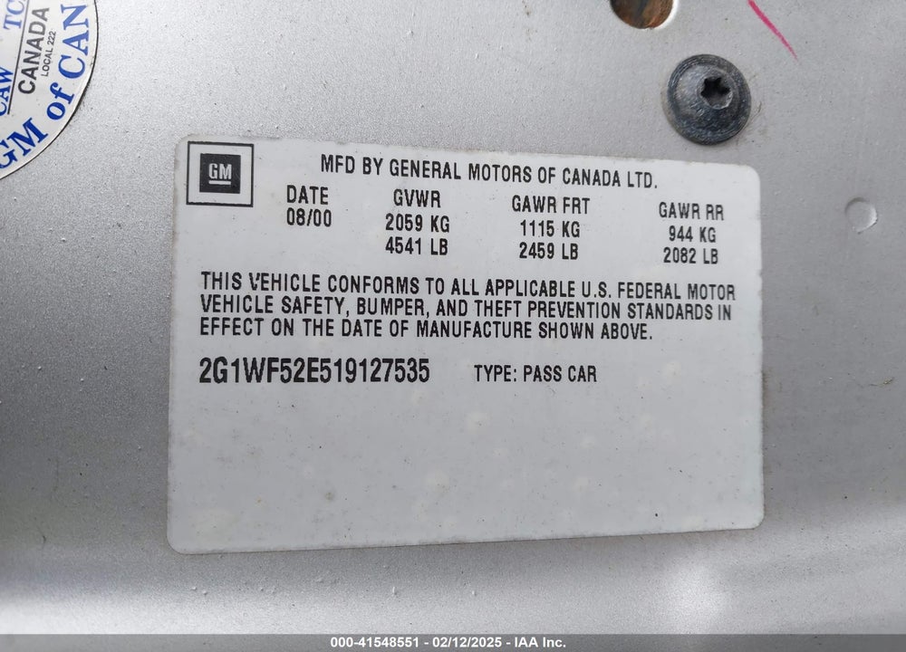 2001 CHEVROLET IMPALA VIN: 2G1WF52E519127535