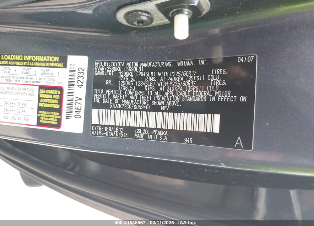 2007 TOYOTA SIENNA XLE VIN: 5TDZK22C07S059464