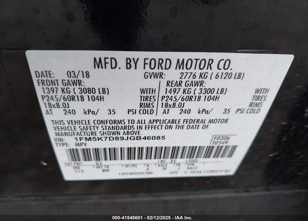 2018 FORD EXPLORER VIN: 1FM5K7D89JGB46085