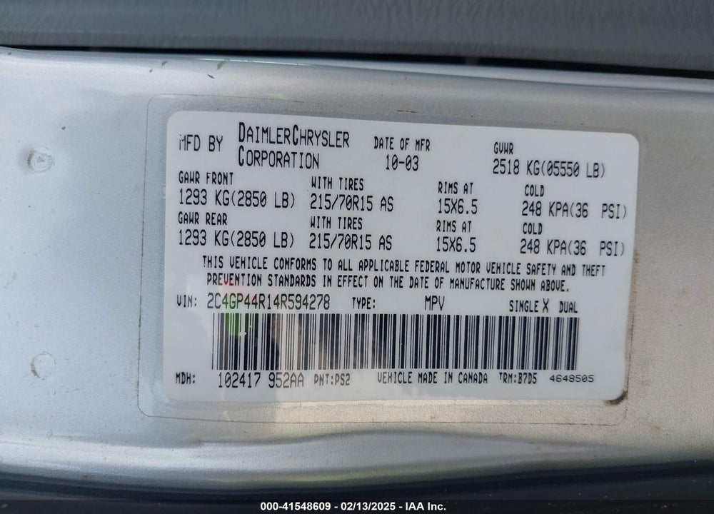 2004 CHRYSLER TOWN & COUNTRY LX VIN: 2C4GP44R14R594278