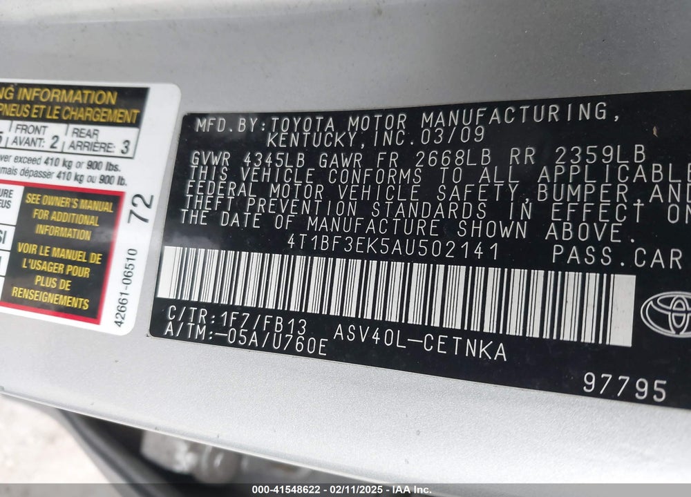 2010 TOYOTA CAMRY VIN: 4T1BF3EK5AU502141