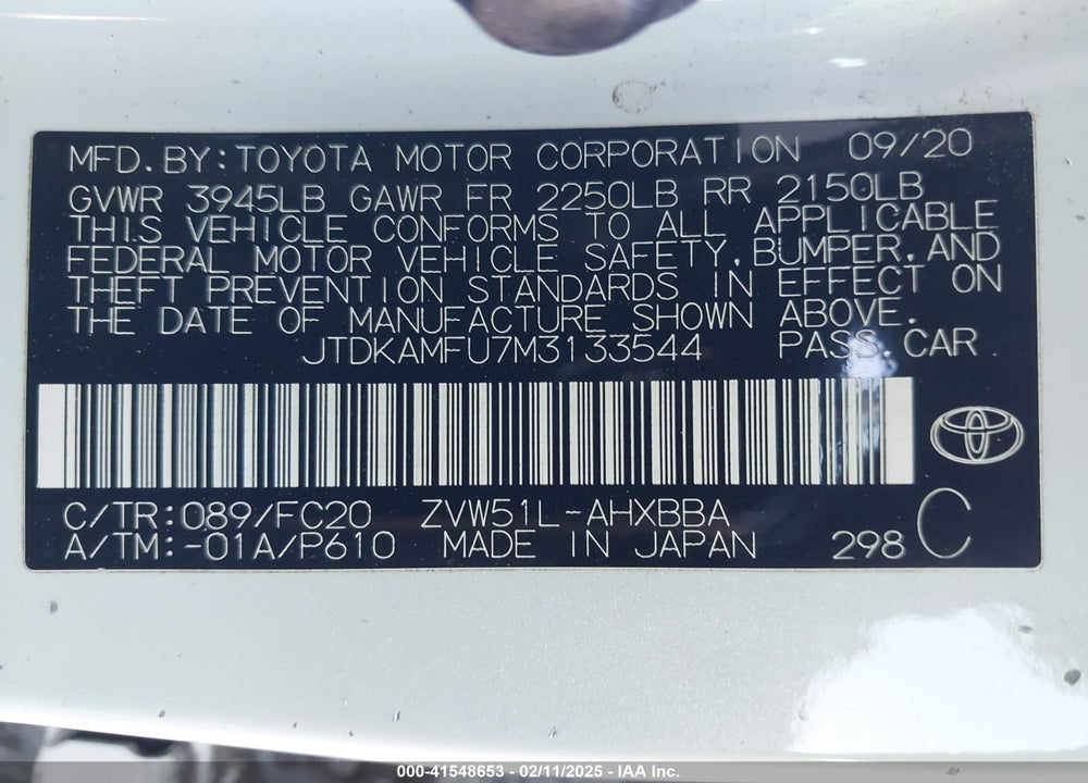 2021 TOYOTA PRIUS VIN: JTDKAMFU7M3133544